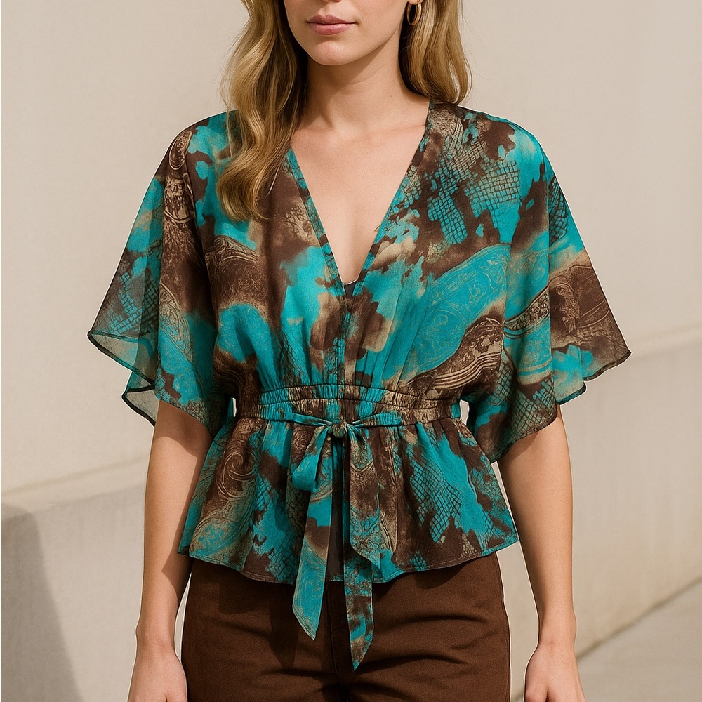 Serenade New York Sheer Kimono Top M – Turquoise Brown Paisley Snakeskin Print